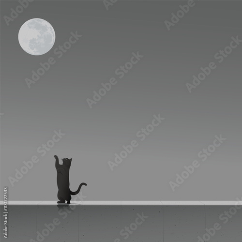 Black cat standing on cement barrier and try to reach out and grab the moon graphic illustration have blank space.