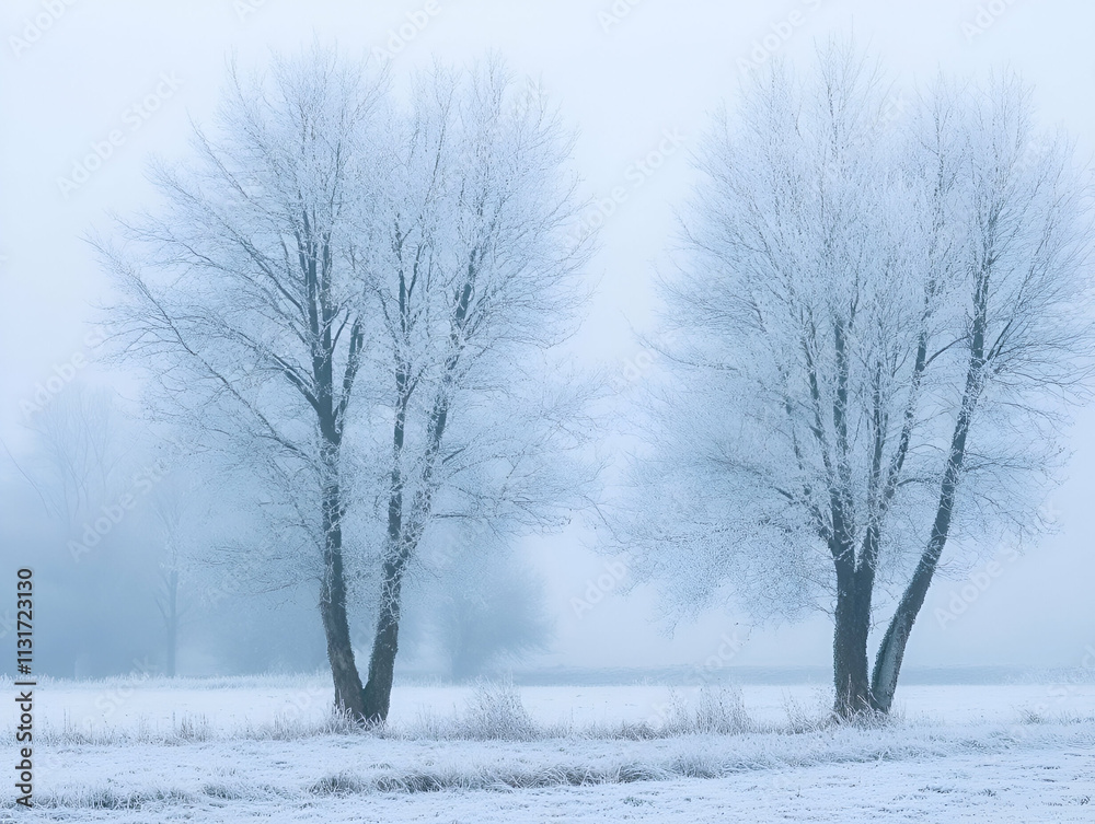 Fototapeta premium Frost-covered trees in a misty landscape create a serene winter atmosphere.