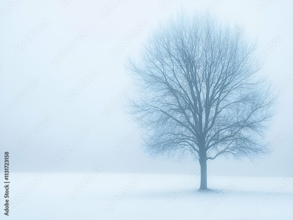 Fototapeta premium A solitary tree stands in a foggy landscape, creating a serene and tranquil atmosphere.