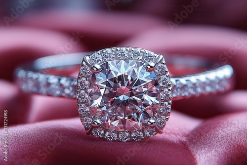 closeup of a stunning diamond engagement ring showcasing its brilliant cushioncut design set against a luxurious backdrop that enhances its elegance and allure photo