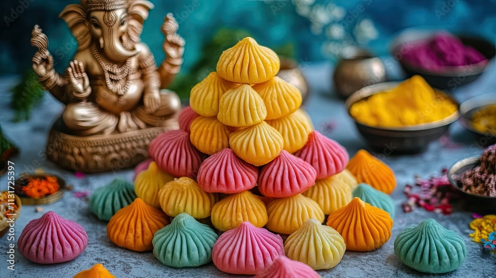 Fototapeta premium Colorful Sweet Dumplings with Decorative Lord Ganesha Background