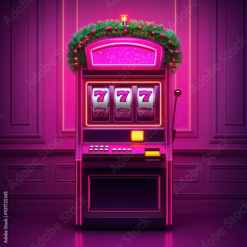 A colorful slot machine adorned with festive decorations, set against a vibrant pink backdrop, inviting players to try their luck.