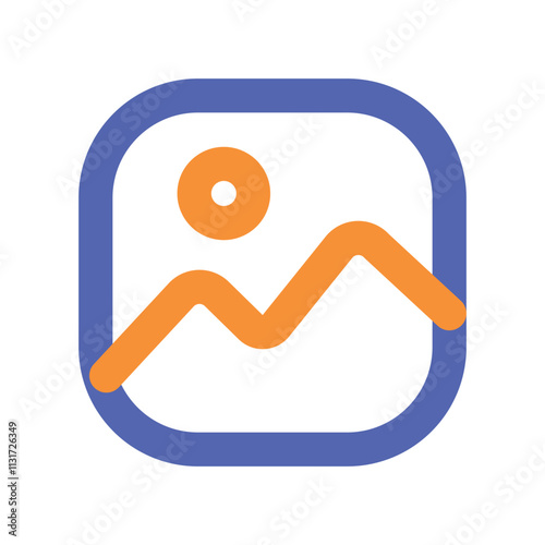 A stylized orange abstract shape is enclosed within a simple blue square frame.