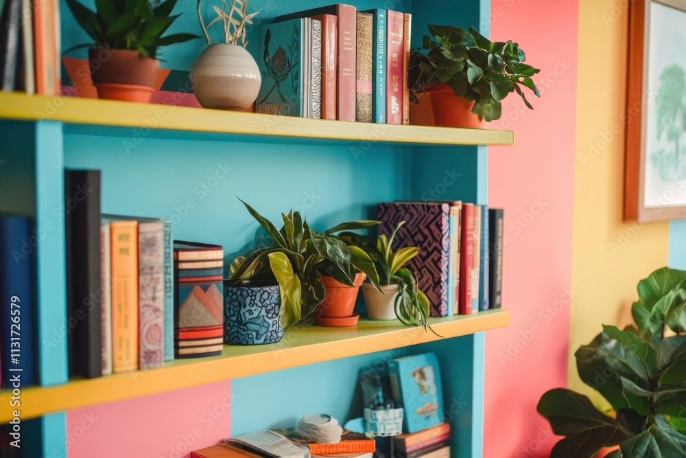 custom made wallpaper toronto digitalColorful bookshelf with books, plants, and home decor.