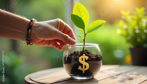 woman watering plants in pots with dollar symbols. illustration of finance, stocks and economic growth