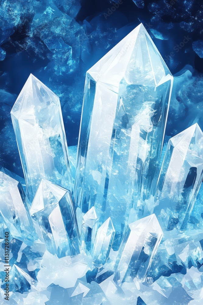 Obraz premium A shimmering cluster of transparent crystals illuminated against a deep blue background, embodying elegance and purity.
