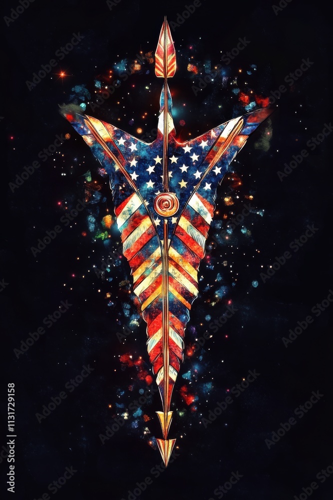 Obraz premium A striking artistic representation of an arrow featuring the American flag, set against a cosmic backdrop.