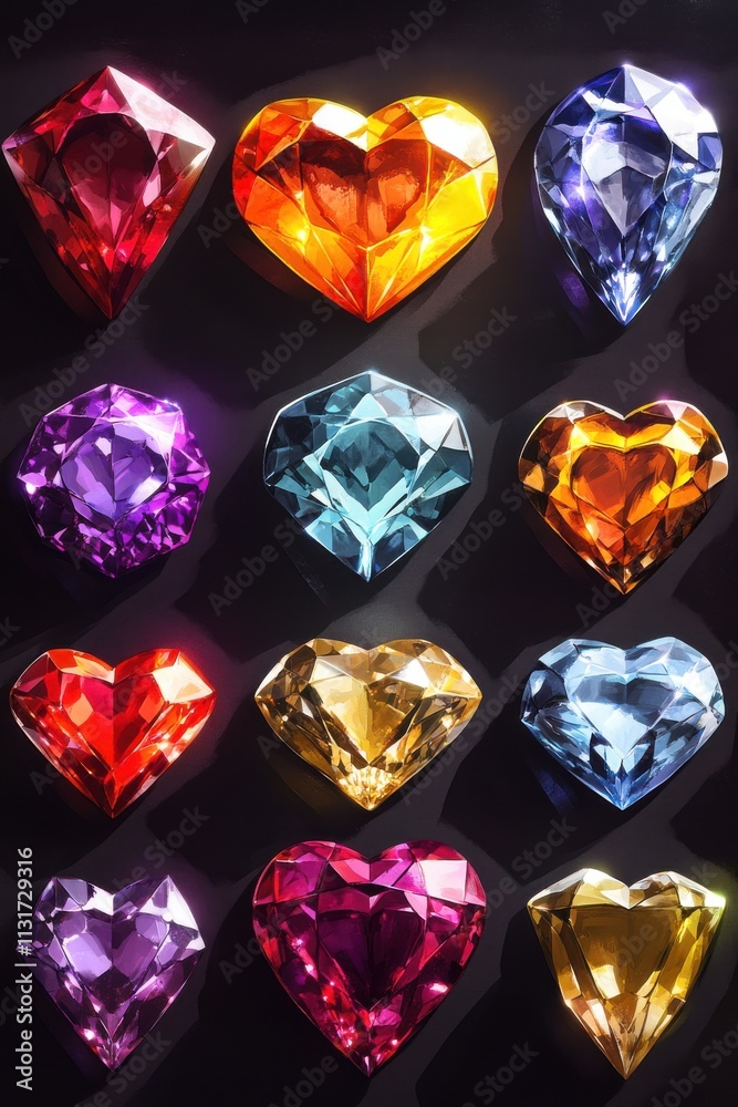 Fototapeta premium A vibrant display of colorful, heart-shaped gemstones, radiating brilliance and charm.