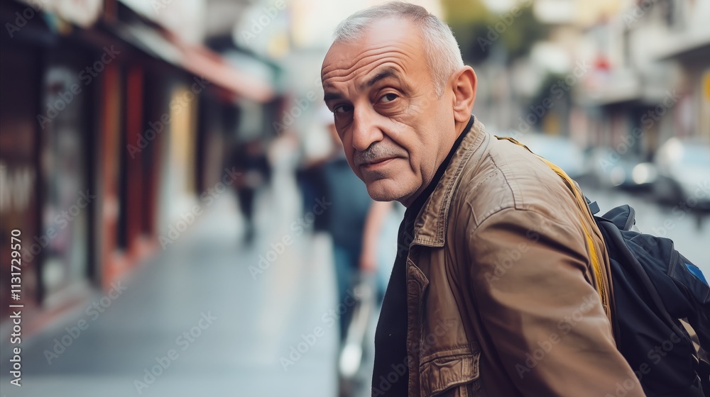 Obraz premium Man with a beard and gray hair is standing on a sidewalk