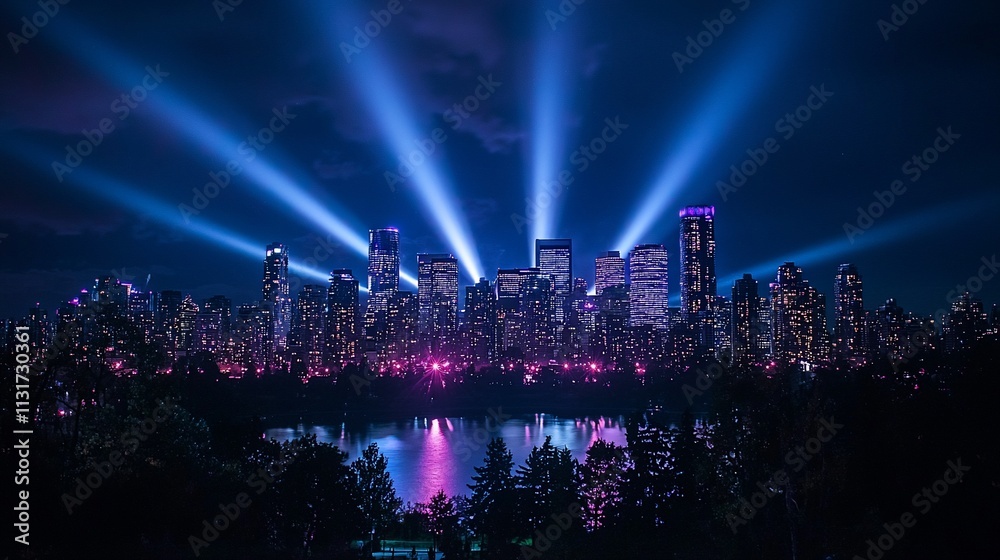 Obraz premium Night cityscape illuminated by vibrant light beams.