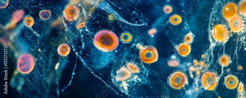 Detailed view of marine plankton under a microscope, colorful and otherworldly shapes, microscope biology, ocean life study