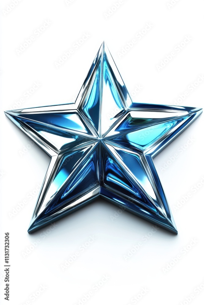 Obraz premium A striking, reflective blue star-shaped sculpture against a white backdrop, exuding elegance and modern artistry.