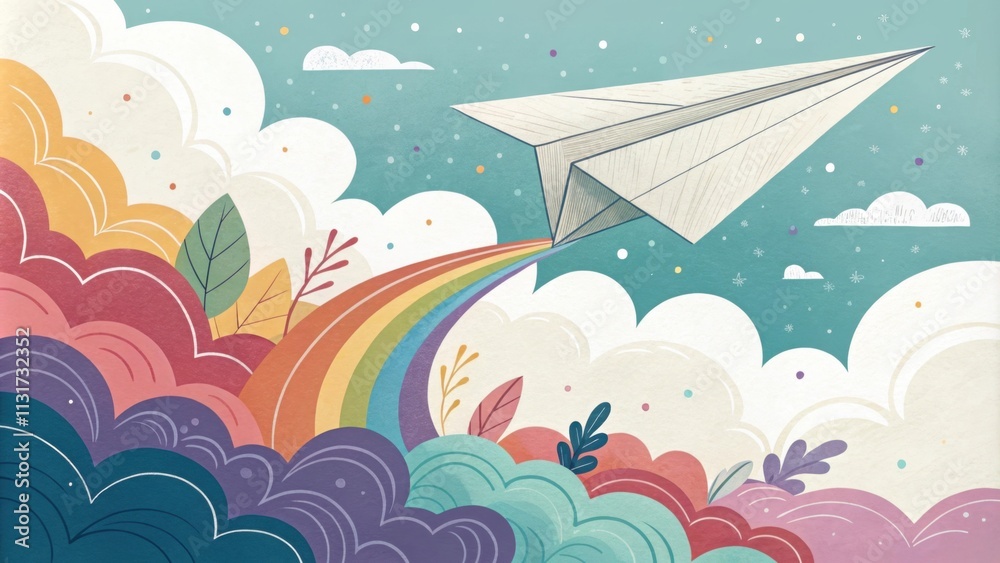 Fototapeta premium Colorful illustration featuring a paper airplane soaring through vibrant clouds while leaving a magical rainbow trail, representing dreams, hope, and boundless imagination