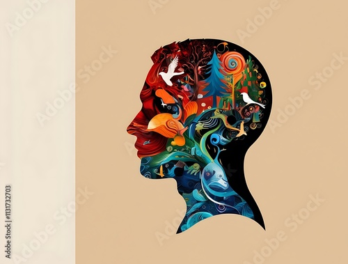 Silhouette of man with paintings in his head and brain, psychological and psychedelic concept, meditation and mid state