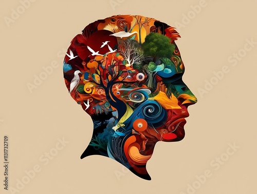 Silhouette of man with paintings in his head and brain, psychological and psychedelic concept, meditation and mid state