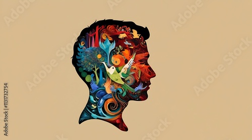 Silhouette of man with paintings in his head and brain, psychological and psychedelic concept, meditation and mid state
