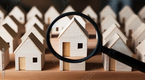 Little wooden houses next to each other and a magnifying glass zoomed on them, architecture and housing, buying house and business