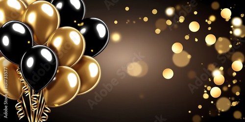 Brown illustration background party theme with black and golden balloons abstract wallpaper design and golden bokeh lights celebration theme