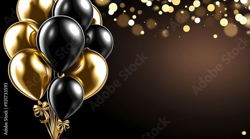 Brown illustration background party theme with black and golden balloons abstract wallpaper design and golden bokeh lights celebration theme