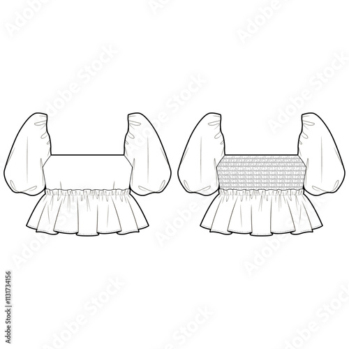 Technical Flat sketch of smocked back blouse. Vector mock up. Volume short sleeve top, Square neck. Woman cropped babydoll top with peplum, frill trim.