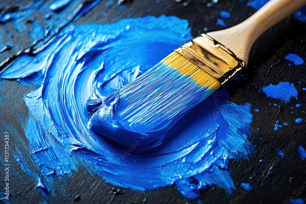 Fototapeta premium Vibrant Blue Paint with Brush on Canvas