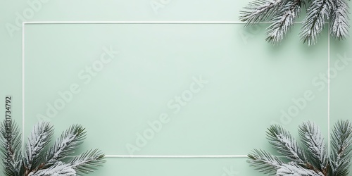 Abstract background with pine tree leaves on borders of light green screen, with free copy space for text or advertisement