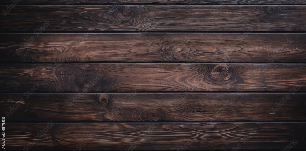 Obraz premium Dark wooden plank surface with visible grain and weathered texture.Strength. Resilience. The beauty of timeless, natural materials.Poster, wallpaper, flyer, or rustic design template for interiors.