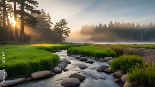 Close-up view of a river in nature with dusk trees and green fresh grass under clear cloudy and foggy sky