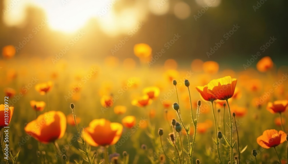 Obraz premium Glowing yellow poppies fill serene field bathed in golden sunlight. Tranquil landscape evokes peace, calmness. Beautiful springtime scene. Nature beauty. Perfect for inspiring serenity peaceful mood.