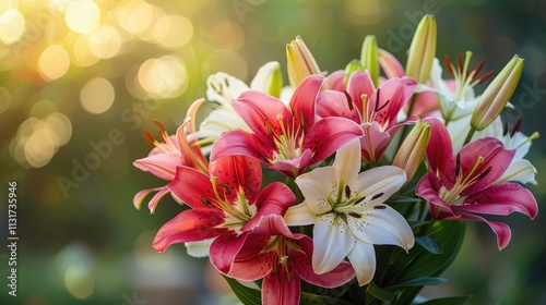 Wallpaper Mural Delicate bouquet of pink and white lilies in soft sunlight. Torontodigital.ca