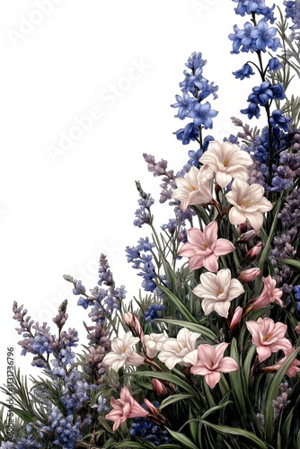 A bouquet of flowers with blue and pink flowers