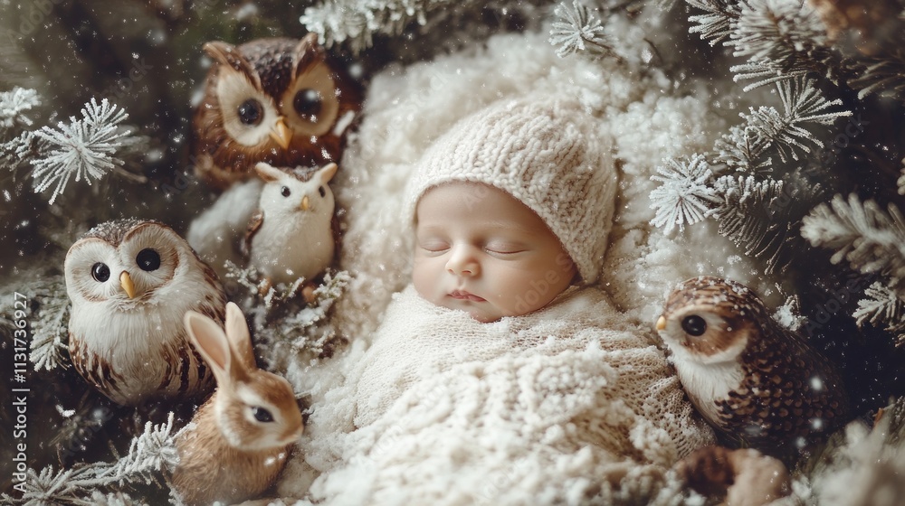 Obraz premium Peaceful newborn baby nestled amongst snowy Christmas decorations featuring owls and rabbits.