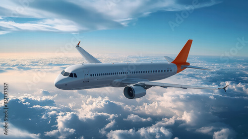 A commercial airplane flying above the clouds, with a blue sky in the background