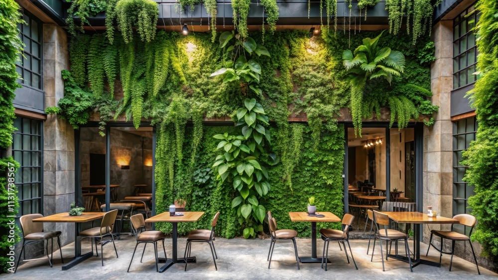 Fototapeta premium A lush carpet of ivy and ferns covers a concrete facade in a cozy cafe setting , concrete, wall, vines, ivy, plants, foliage, natural