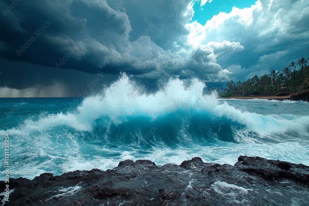 Obraz premium A thunderstorm raging over the ocean, with massive waves crashing against jagged rocks under a dramatic sky