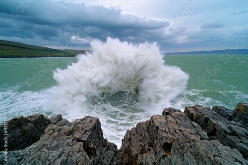 A thunderstorm raging over the ocean, with massive waves crashing against jagged rocks under a dramatic sky