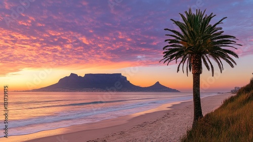 Dramatic sunrise over Table Mountain, South Africa, with a palm tree on the beach.