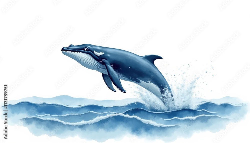 Obraz premium Illustration of humpback whale breaching the water in a dynamic splash against a white background