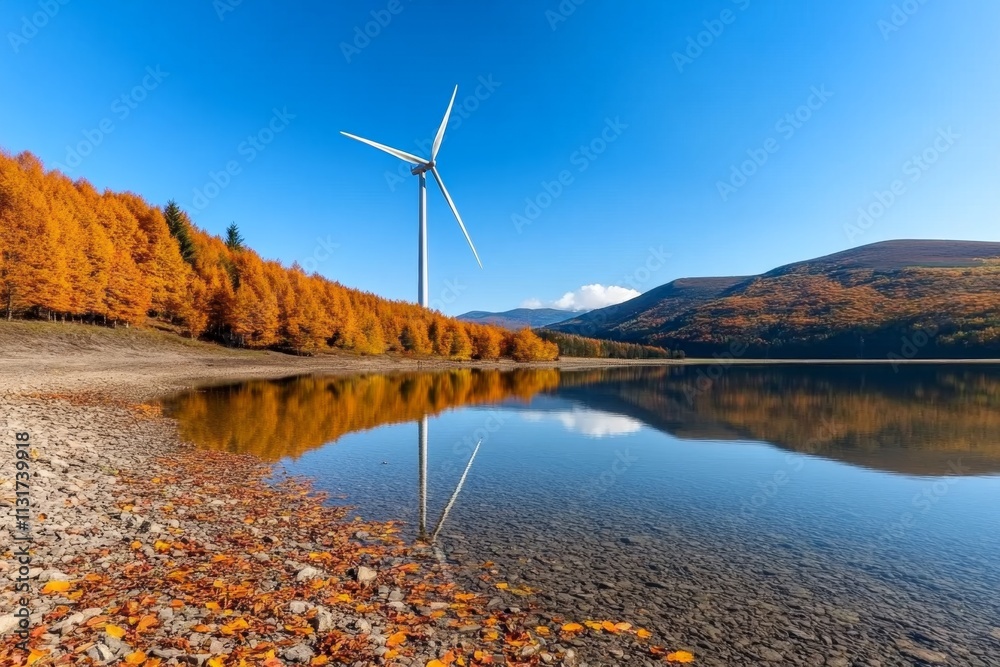 Obraz premium A wind turbine reflected in a clear pond, surrounded by autumnal trees with orange and yellow leaves