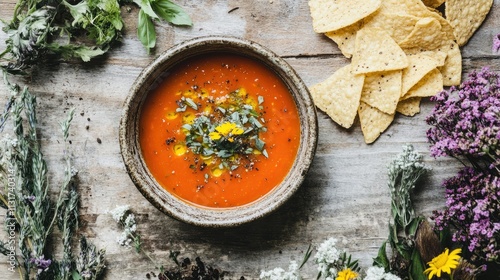 Fresh Tomato Soup with Herbs and Tortilla Chips on Rustic Table photo