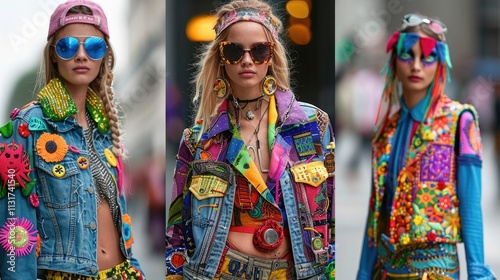 Fashion models showcasing vibrant, colorful, embellished denim jackets and accessories.