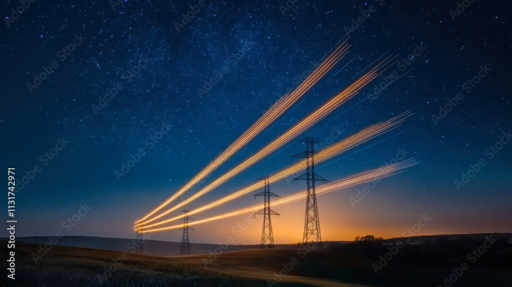 Fototapeta premium Electricity transmission towers with orange glowing wires the starry night sky