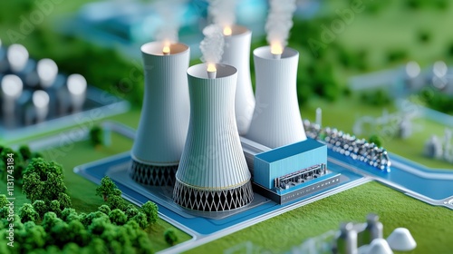 A miniature model of a nuclear power plant with cooling towers and steam emissions, surrounded by greenery and infrastructure elements. photo