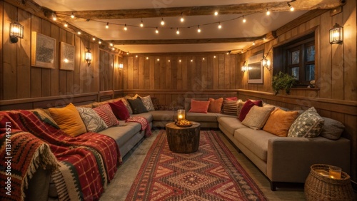 A warm nook bathed in gentle warm light where deep cushy sofas embrace plush throws and an assortment of vibrant pillows creating an inviting atmosphere for relaxed gatherings.
