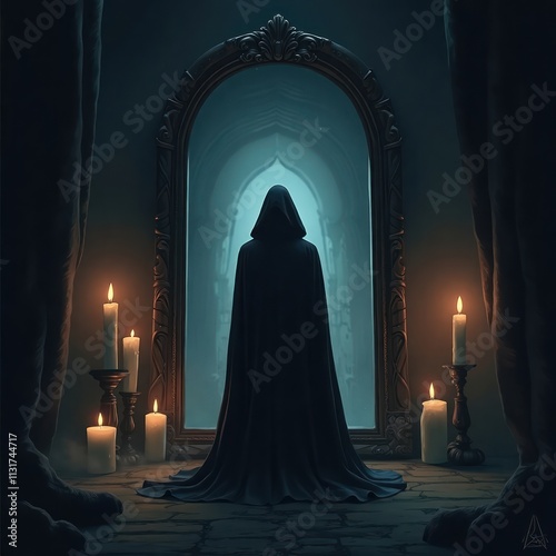 Mysterious figure in dark cloak stands before large ornate mirror. Dimly lit gothic room with candles. Figure gazes into mysterious reflection. Evocative haunting image. Gothic style. Dark tones, photo