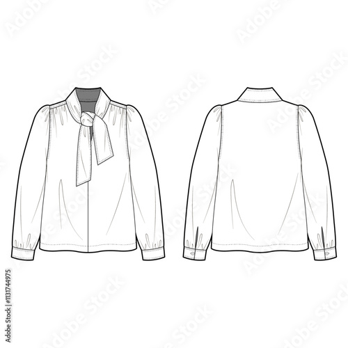 Technical Flat sketch of ribbon tie neck blouse. Vector mock up Template. Volume sleeve popover top. Gather detailed top with knotted neck. long sleeve with cuffs and buttons.