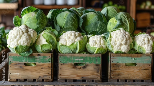 Fresh cauliflower and cabbage in wooden crates at market.