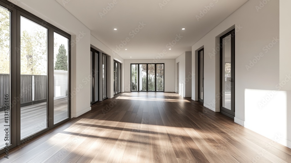 Obraz premium Sunlit empty room with hardwood floors and large windows.
