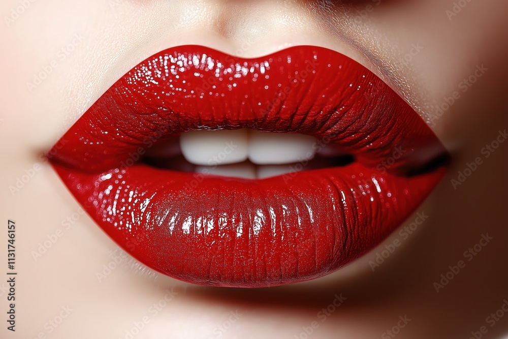Obraz premium Closeup view of lips with red glossy lipstick. Woman with bright red lipstick. Beauty, makeup concept. Perfect for beauty products ads makeup tutorials. Attractive woman mouth with vibrant red