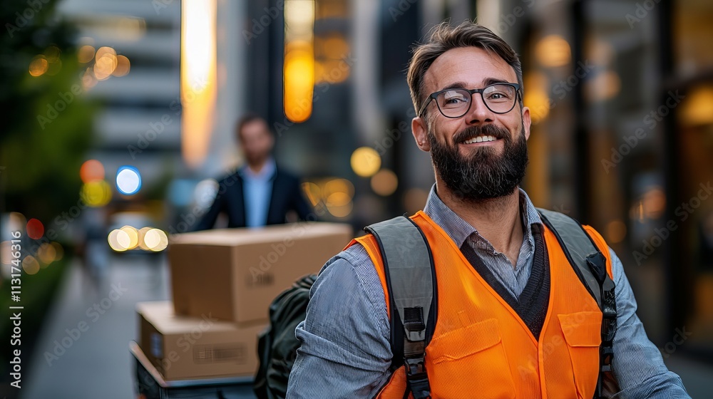 Fototapeta premium Smiling Caucasian delivery man in an orange vest with boxes at sunset in a modern urban setting.